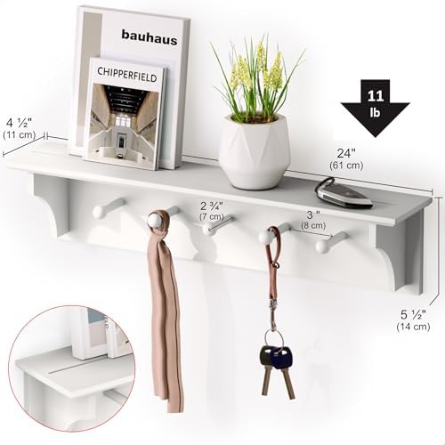 Ballucci Floating Coat and Hat Wall Shelf Rack, 5 Pegs Hook, 24", White