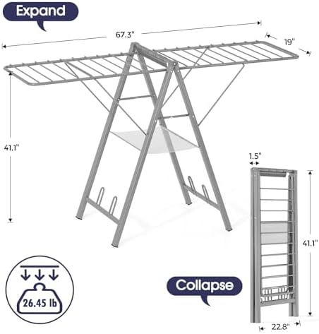 APEXCHASER Clothes Drying Rack, 67.3" L Height Adjustable, Foldable, Grey