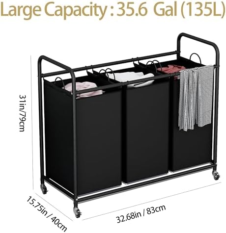 LINZINAR 3 Section Laundry Hamper Sorter, Black Laundry Basket with Wheels