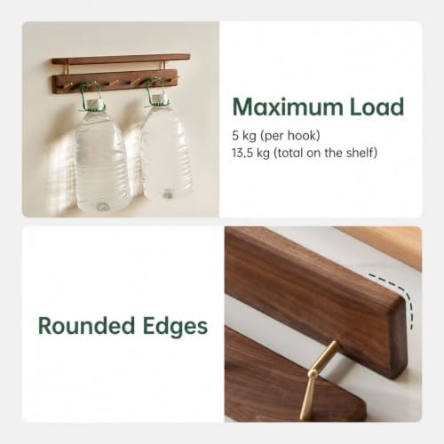 Walnut Wall Hooks with Shelf, Coat Rack Wall Mount, Entryway Hanging Shelf wi...