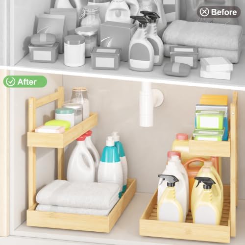 Bamboo Under Sink Organizer 2 Pack, 2-Tier Pull Out Cabinet Organizer
