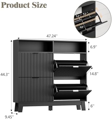 Shoe Cabinet Storage for Entryway with 4 Flip Drawers, Fluted Narrow Shoe Org...