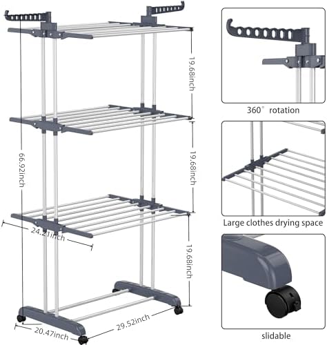Clothes Drying Rack, 4-Tier Foldable Drying Rack Clothing with 4 Castors, 24 ...