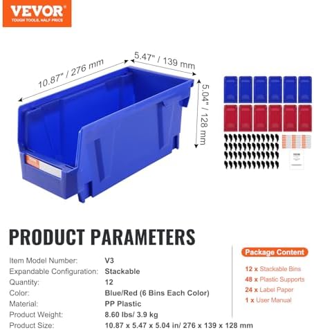 VEVOR Plastic Storage Bins 12 Pack (11 x 5 x 5-Inch), Hanging Stackable Stora...