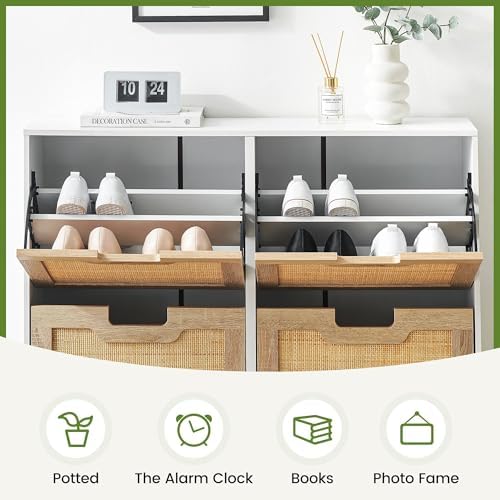 IDEALHOUSE Rattan Shoe Storage Cabinet with 4 Flip Drawers, Freestanding Shoe...