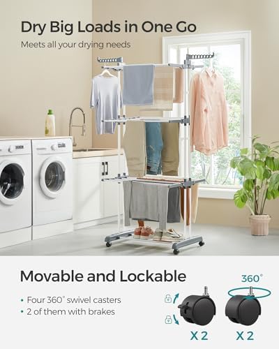 SONGMICS 4-Tier Clothes Drying Rack, Foldable, Rolling, 66.6-Inch Tall