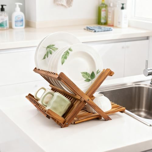 Utoplike Teak Dish Drying Rack Collapsible, Large Dishes Draine 3 Tier