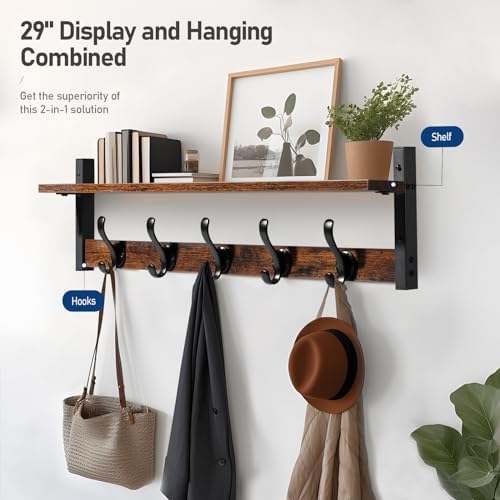 Tatub 29" Rustic Coat Rack Wall Mount with Shelf, Entryway Wall Hooks wi...