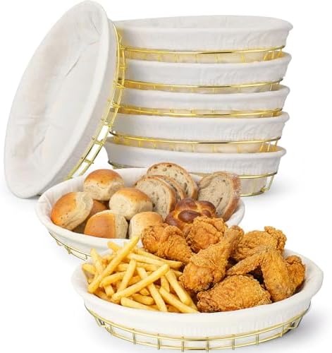 6 Pack Oval Metal Wire Baskets with Liner Cloth for Table Serving 9.5 x 6.2 x...