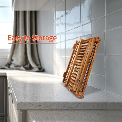 Utoplike Teak Dish Drying Rack Collapsible, Large Dishes Draine 3 Tier