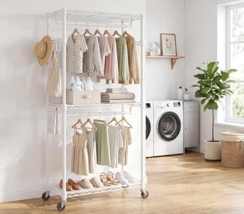 Rolling Clothing Rack-Heavy Duty Clothes Rack with Lockable Wheels, White