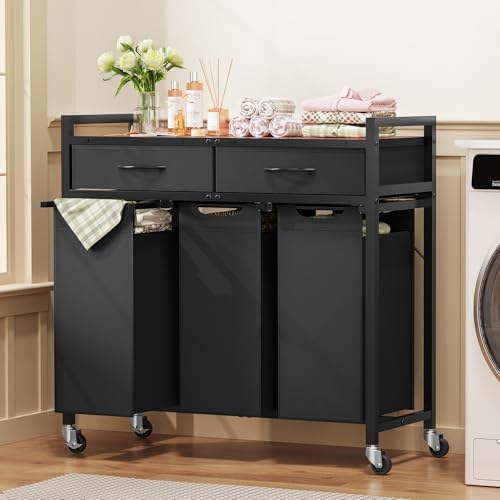Laundry Sorter 3 Section, 120 L Laundry Hamper with 2 Drawers & 2-tone To...