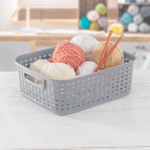 Sterilite Short Weave Basket, Rectangular Plastic Décor Bin, Gray, 6 Pack