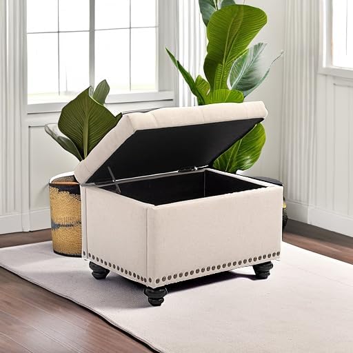 CangLong 24 Inch Tufted Lift Top Storage Ottoman Bench, Linen Foot Rest Stool...