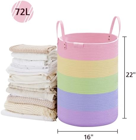 VIPOSCO 72L Tall Woven Rope Laundry Hamper, Leather Handles, Rainbow