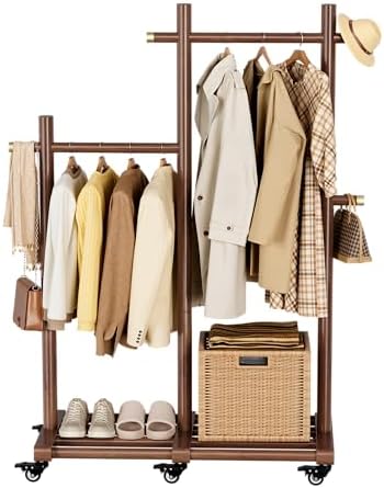 Wooden Clothing Rack, Double Pole Clothes Rack with 4 Hooks & 6 Wheels