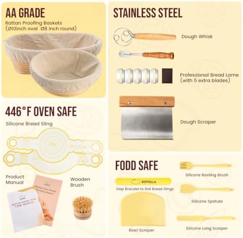 DOYOLLA Bread Proofing Baskets Set, 10 inch Oval & 8.5 inch Round Sour Do...