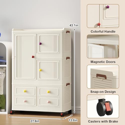 Foldable Storage Cabinet with Wheels & Lids, Large Capacity Closet Organi...