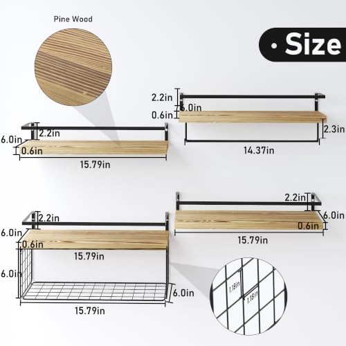 Wood Floating Shelves Wall Mounted - 4+1 Tier Rustic Bathroom Wall Shelves Ov...