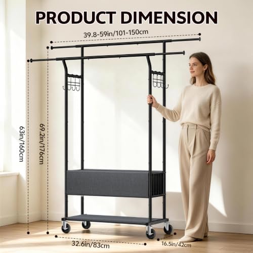 Heavy Duty Rolling Clothing Rack, Double Rod Clothing Storage Organizer
