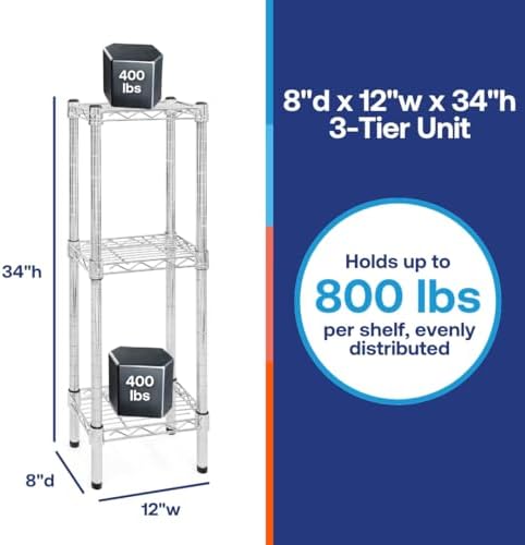Shelving Inc. 8" d x 12" w Chrome Wire Shelving with 3 Tier Shelves