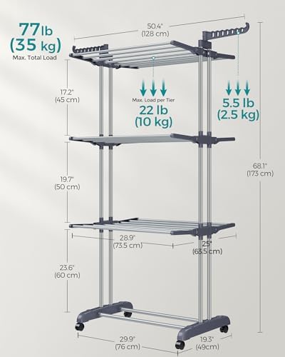 SONGMICS 4-Tier Clothes Drying Rack, Foldable, Rolling, 66.6-Inch Tall
