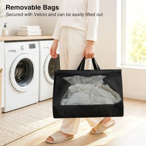STO STO 3-Tier Vertical Rolling Laundry Hamper, Removable Bags, Black Mesh
