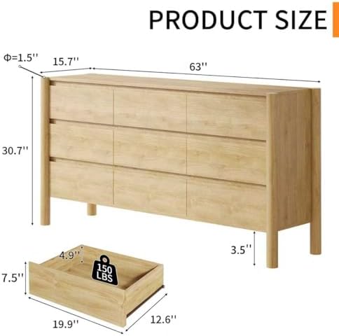 HOUROM Oak Dresser for Bedroom,63" Wide 9 Drawer Mid Century Modern Chest