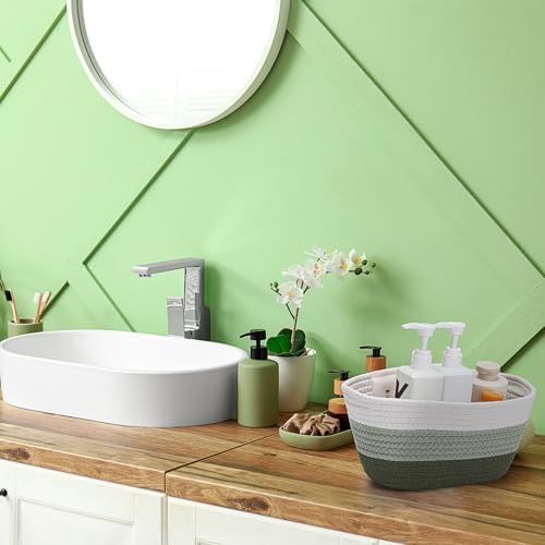 Sawysine 6 Pcs Storage Cotton Rope Baskets with Handles, Green and White