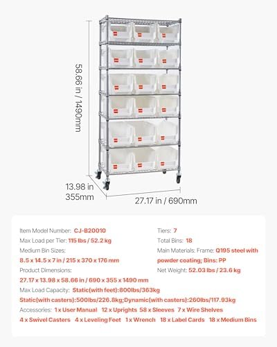 VEVOR 7-Tier Rolling Bin Storage Rack, 18 Organizer Bins, Bin Rack Storage St...