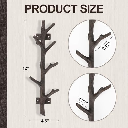 12" Cast Iron Tree Branch Vertical Coat Hat Rack Wall Mount Heavy Duty D...