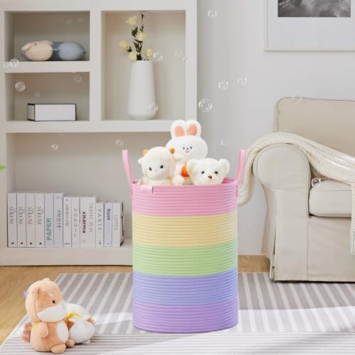 VIPOSCO 72L Tall Woven Rope Laundry Hamper, Leather Handles, Rainbow