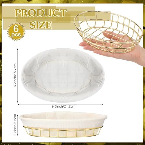 6 Pack Oval Metal Wire Baskets with Liner Cloth for Table Serving 9.5 x 6.2 x...