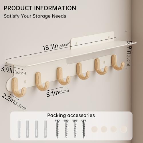 Wall Hooks with 22'' Shelf Coat Rack Wall Mount with 6 Hooks Entryway...