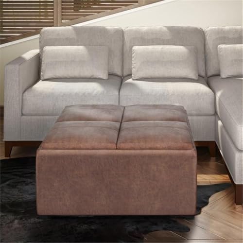 SIMPLIHOME Avalon 35" Wide Vegan Leather Storage Ottoman in Umber Brown