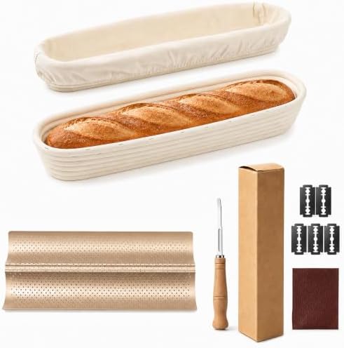 2 Pack 15 Inch Baguette Proofing Basket Set with Liners and Pan