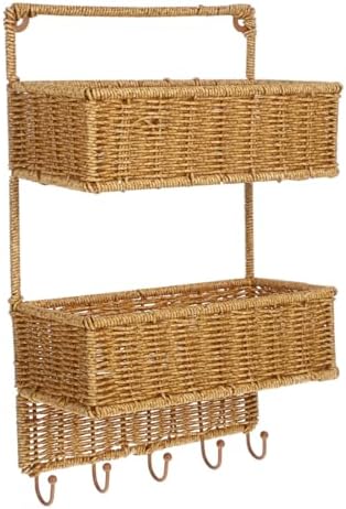 Angoily Woven Wall Mount 2-Tier Storage Sorter Basket with 5 Hooks Rattan Hanging Fruit Basket Kitchen Vegetables Organizers for Cutlery Condiment