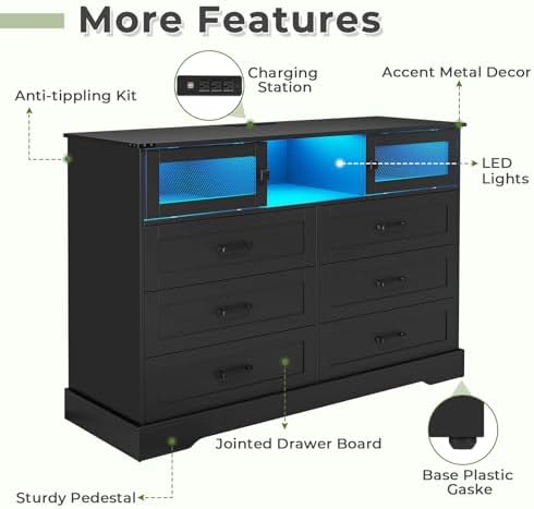 Hasuit 6 Drawer Dresser with LED Lights and Charging Station, Farmhouse Chest...