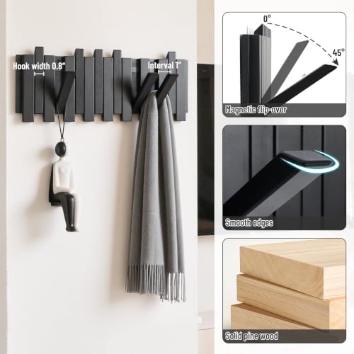 Wall Coat Rack for Entryway: Folding Wood 8 Hooks for Small Space