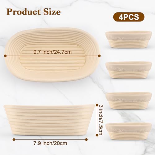 4 Pack 10 Inch Oval Banneton Bread Proofing Basket, Rattan Sourdough Bread Ba...