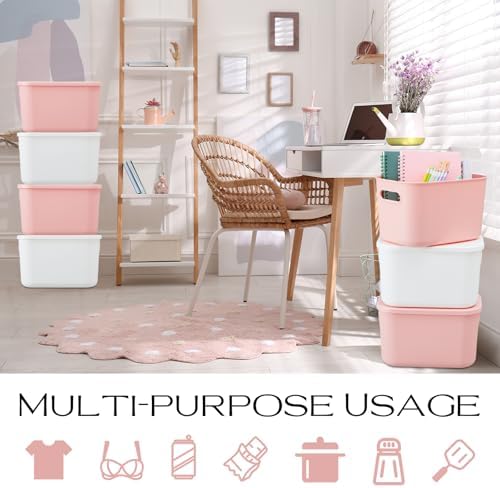 Hoolerry 8 Pieces Storage Bins, 9.8 x 7.1 x 6.3 Inch, White and Pink
