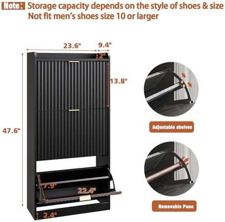 Black Fluted Slim Shoe Cabinet Storage with 3 Flip Drawers for Entryway