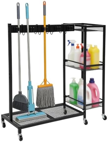 Broom Holder with Cleaning Supplies Organizer, Freestanding, Black
