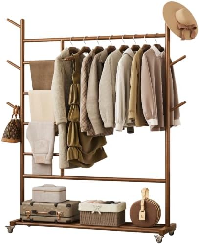Yoobure Solid Wood Clothing Rack, 4-in-1 Wooden Clothes Rack with Wheels