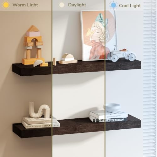 BAMEOS Solid Bamboo Floating Shelves, Set of 2 with Invisible Brackets, Natural Wood Grain Decor for Living Room, Bedroom, Kitchen, Bathroom & Office Storage