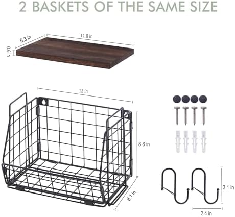 Wall Hanging Baskets 2 Pack Wooden Top Floating Wire Shelves (Large)