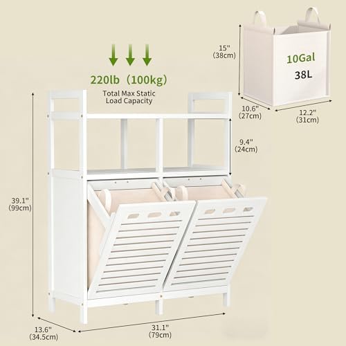 VASMIA Tilt Out Laundry Hamper Cabinet, Bamboo Double Laundry Hamper with 2 R...