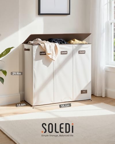 SOLEDI 200L 3-Section Laundry Hamper with Lid, Extra Large Dirty Clothes Bask...