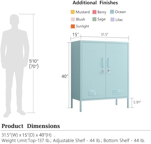 Blue 2-Door Lockable Metal Storage Cabinet, Heavy Duty 3-Tier Tall Locker wit...