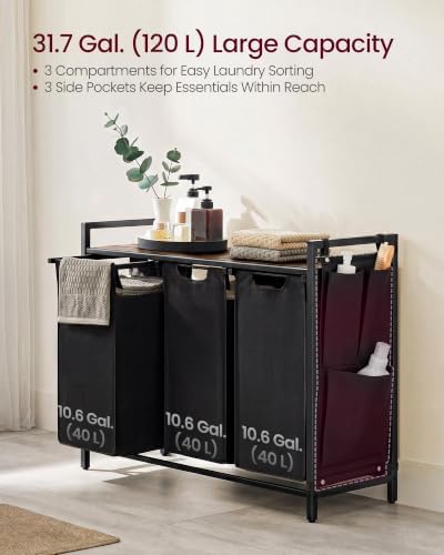 VASAGLE Laundry Hamper with Shelf, 3 Pull-Out Bags, 3 x 10.6 Gallons (40 L)